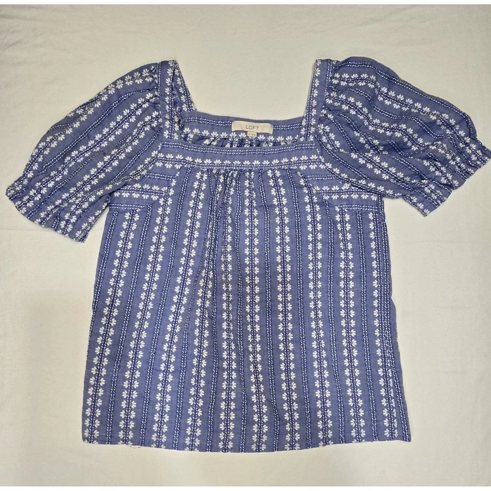 Loft Womens Jacquard Puff Sleeve Square Neck Embroidered Top XS Blue 100% Cotton